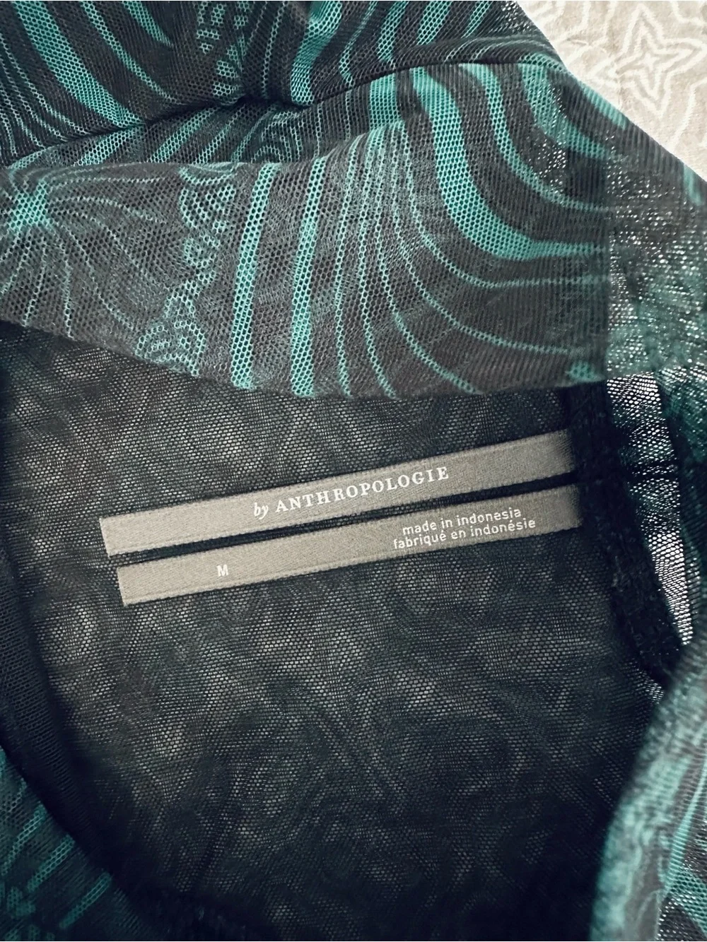 Anthropologie Gauzy Turtleneck Sheer Mesh Teal Green Black Floral Size M